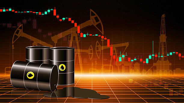 istock Chart of falling oil prices per barrel. Crude oil barrels on dark abstract desert background. Spilled puddle of crude oil. Concept of falling prices, crisis. Market analysis. Vector illustration 2219286620
