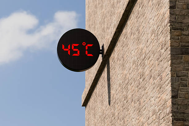 istock Street digital thermometer displaying a temperature of 45 degrees Celsius with blue sunny background. 2219291044