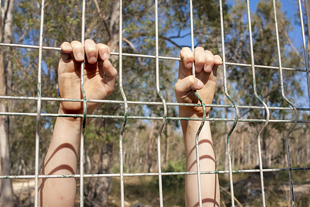 Hands behind bars, symbol of emigrants, occupied territory, border. High quality photo