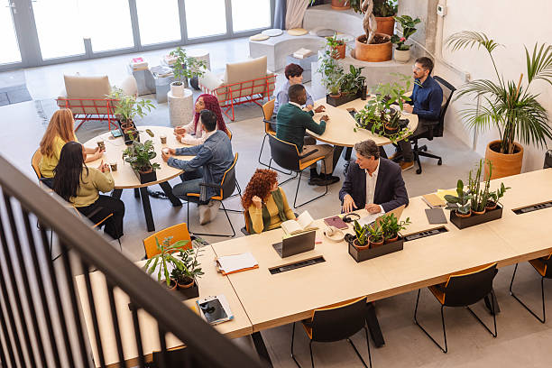 istock Coworkers collaborating in modern green office space 2219295547