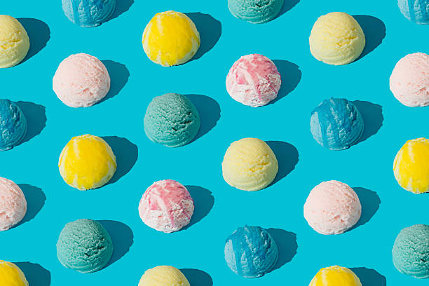 istock Colorful ice cream pattern on pastel light blue background. Summer food concept. Minimal isometric layout. Ice cream scoop aesthetic idea. 2219306309
