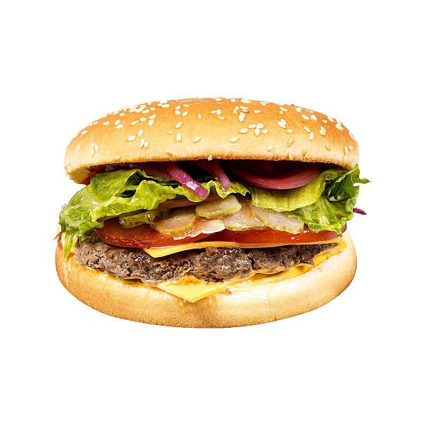 istock Delicious cheeseburger, mouthwatering double cheeseburger, fast food menu, double burger with cheese and sauce side view isoleted on white background 2219310478