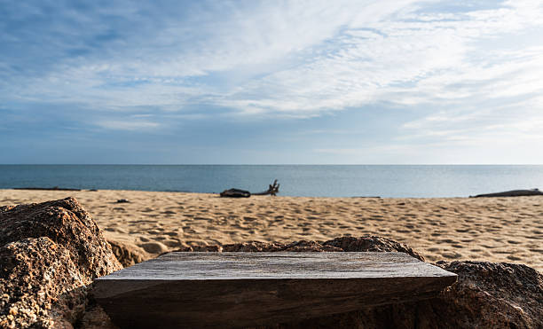 istock Old wood floor podium on beach sand sea sky background 2219313930