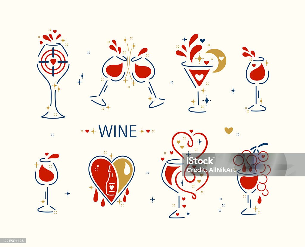 Amante del vino: conjunto vectorial romántico de copas de vino con corazones, estrellas brillantes, salpicaduras de vino - arte vectorial de A la moda libre de derechos Amante del vino: conjunto vectorial romántico de copas de vino con corazones, estrellas brillantes, salpicaduras de vino - arte vectorial de A la moda libre de derechos