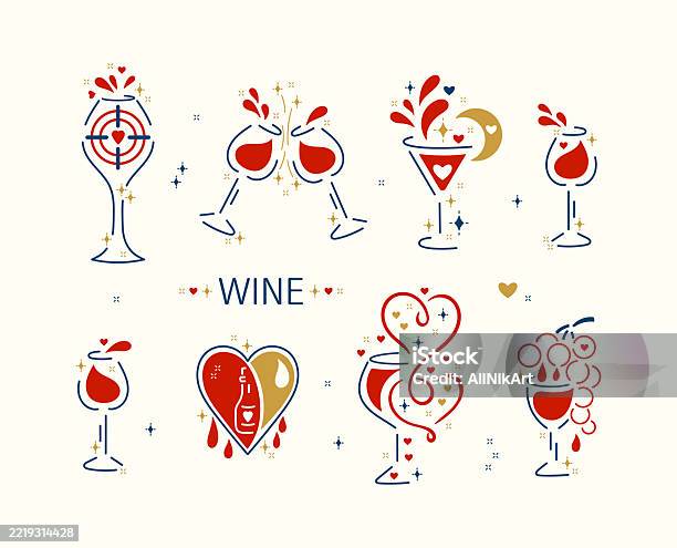 Ilustración de Amante Del Vino Conjunto Vectorial Romántico De Copas De Vino Con Corazones Estrellas Brillantes Salpicaduras De Vino y más Vectores Libres de Derechos de A la moda