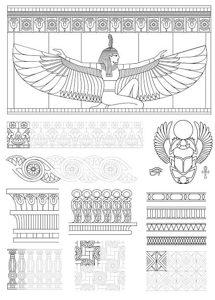 Set of ancient Egyptian ornament patterns. Blanks for stained glass coloring, embroidery