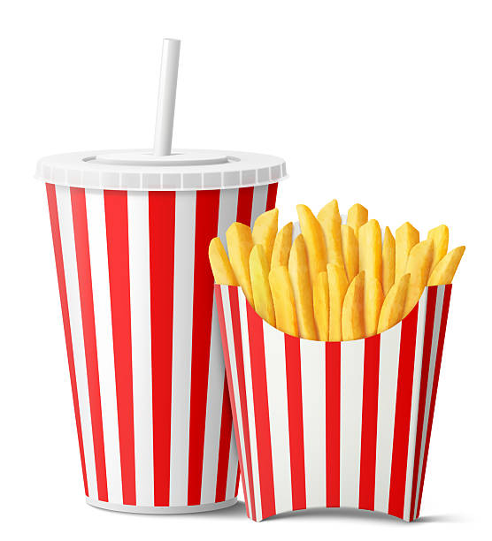 istock French fries in paper bag and Red and white striped disposable soft drink cup with straw. isolated on white background. takeaway food and drinks, mockup. Realistic 3d vector illustration. 2219318077