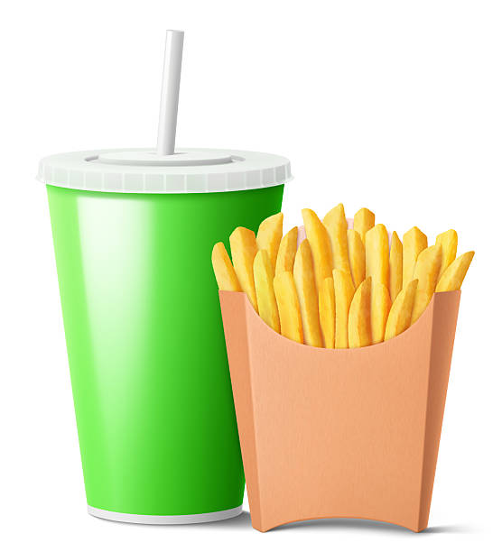 istock French fries in Kraft paper bag and light green disposable soft drink cup with drinking straw. isolated on white background. takeaway food and drinks, mockup. Realistic 3d vector illustration. 2219318084
