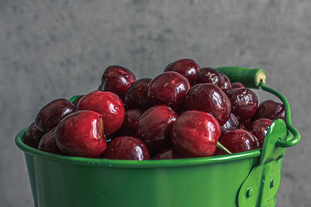 Ripe red cherries in a green bucket. Summer vitamin berries and fruits. Healthy snack. Source of melatonin. Vegetarian menu. Ukrainian harvest. Round red berries. Red products with antioxidants.