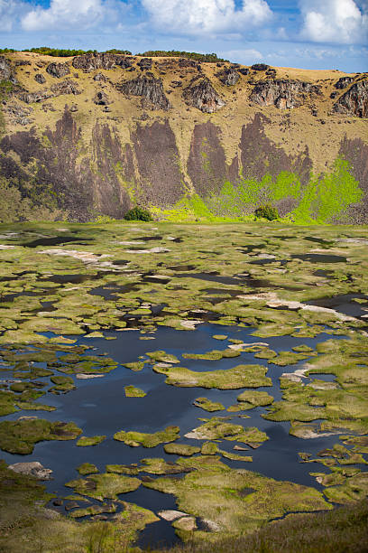 Caldera of Rano Kau volcano on Easter Island. Chile