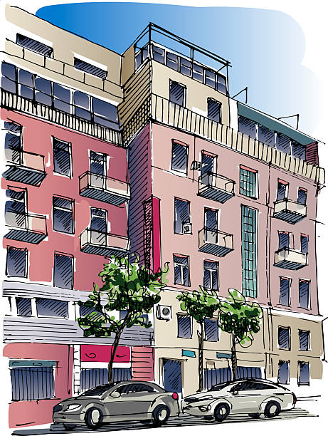 istock Old city house facades – linear sketch. Travel hobby concept. Hand-drawn vector illustration, non-AI 2219324789