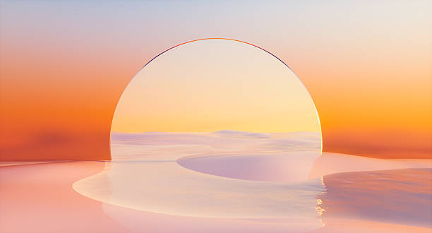 istock Futuristic 3d landscape background with crystal glass arch frame. Innovation technology concept 2219327908