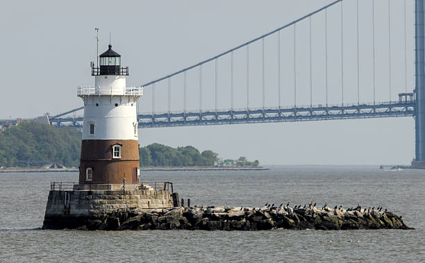 istock small red and white lighthouse with Verrazzano bridge in the background (brooklyn staten island narrows hudson river waterfront bay) light house monument landmark travel 2219328391