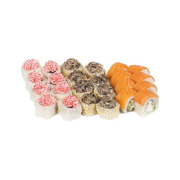 A colorful variety of sushi rolls displayed on a clean white background