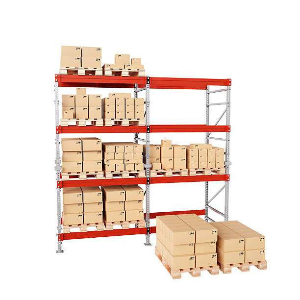 istock Warehouse rack with cardboard boxes isolated on white background 2219333211