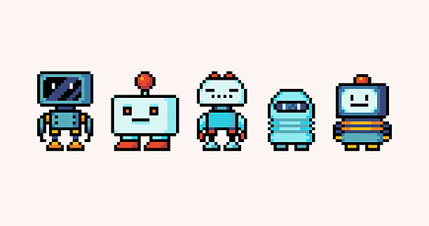 robot hračky pixel art sada. android bot roztomilá kolekce. futuristický mechanický kyborg 8 bitů. - robota stock ilustrace