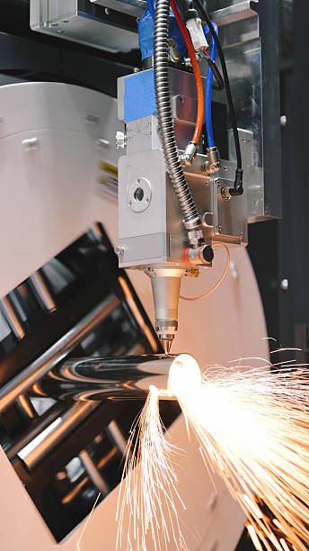 robotic cutter generating sparks while processing metal in cnc-driven smart factory with sparks during automated metalwork in high-speed manufacturing in AI computor concept