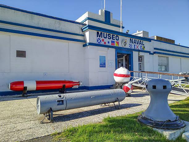 Montevideo, Uruguay: January 20, 2024: Perspective view medium shot of a naval museum exterior under bright daylight, montevideo city, uruguay