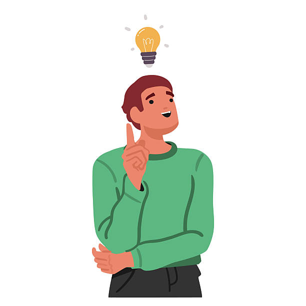Excited man cartoon character emotional gesturing having brilliant idea isolated portrait on white Excited man cartoon character emotional gesturing having brilliant idea isolated portrait on white background. Positive expressive guy standing with light bulb above head vector illustration man with a light bulb over his head stock illustrations