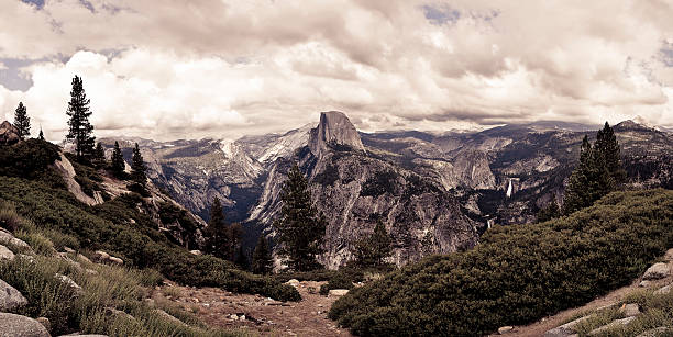 Scenic panoramic view of famous Yosemite Mountains; Half Dome from the Glacier point view - Yosemite National Park - California - USA