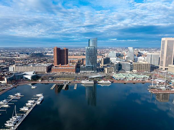 Aerial view of Baltimore's Inner Harbor with modern skyscrapers, boats, and a clear blue sky reflecting on the water.