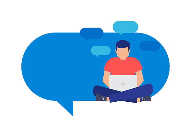 istock Social media, communication, chatting, social media. Man sitting on speech bubble. 2219353854