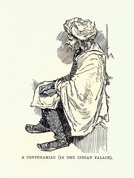 Sketch Indian centenarian man, India, Victorian, Vintage illustration, 19th Century 1880s