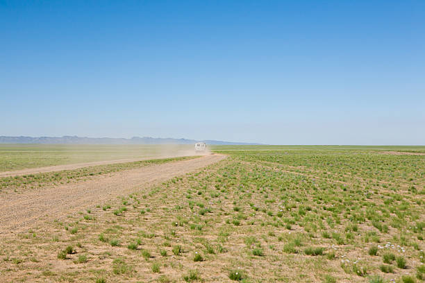 Dirt road in mongolian steppe, Gobi desert landscape, Mongolia scenery