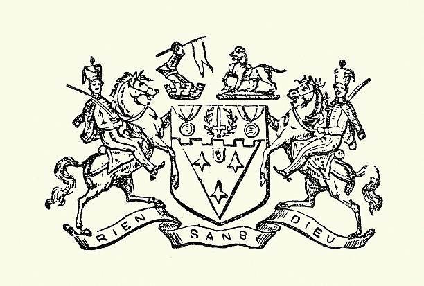 Heraldry, Coat of arms, Cavalry soldiers holding shield, Victorian, Vintage illustration, 19th Century 1880s