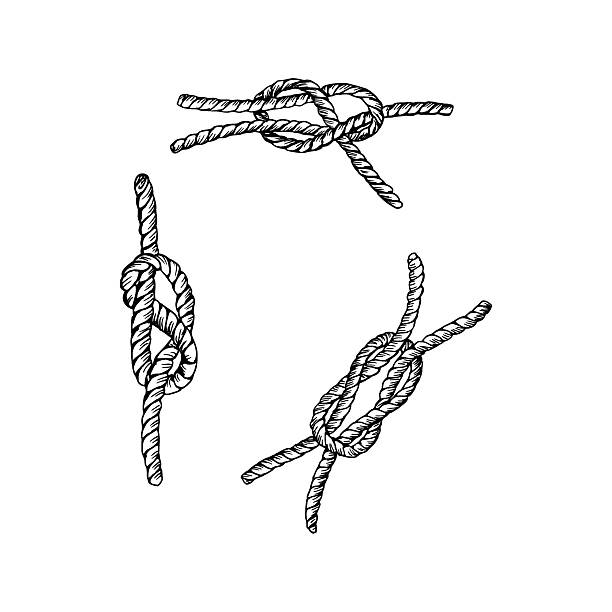 Three detailed illustrations of different rope knots, commonly used in marine or outdoor activities. Hand drawn vector illustration. Black and white line art style. Isolated on white. For cards, clip art, packages.