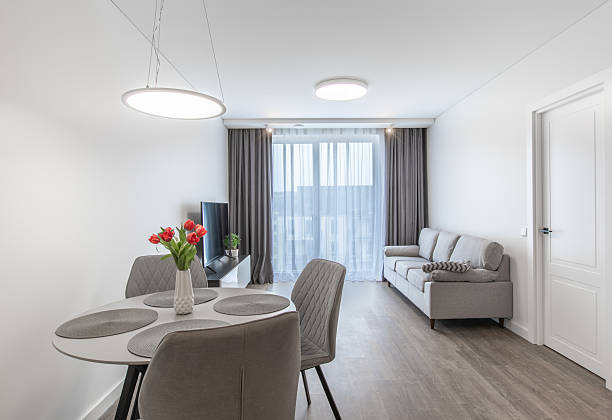 istock Modern Living Room With Dining Table and Large Windows for Natural Lighting 2219358719