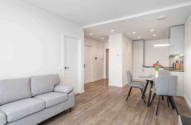 istock Modern Minimalistic Living Room and Dining Area With Bright Neutral Decor 2219358959