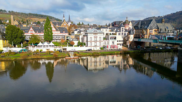 Aerial view of Middle Mosel River and cityscape, Berkastel-Kues
