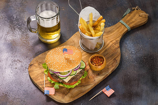 Homemade burger with french fries for 4th of July celebration