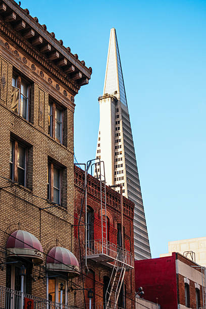 San Francisco, California, USA -  Iconic Transamerica Pyramid building on a bright day, seen from Chinatown.