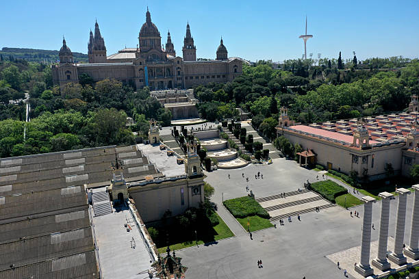 The image shows the Palau Nacional and the Musuem captured during spring season.