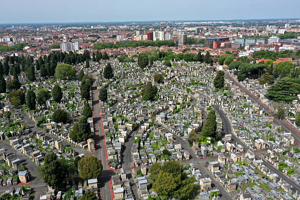 Toulouse Cemetery Terre-Cabade. captured as high angle panorama during spring season.