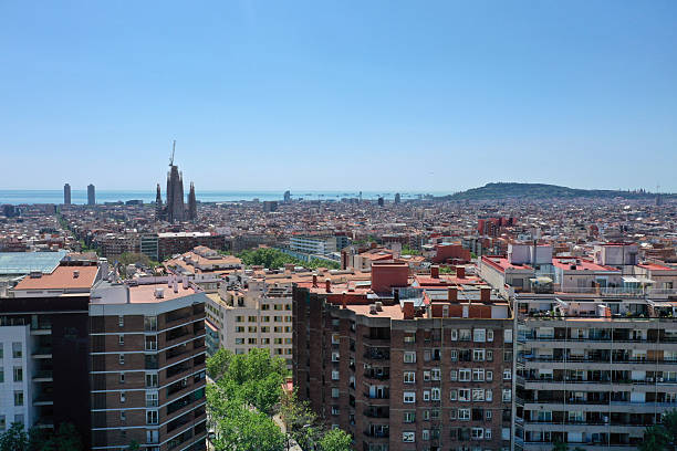 Barcelona City panoramic view with Sagrada Familia and mediterranean sea. The image shows the wonderful capital of  of Catalonia, captured on a sunny day during spring season.