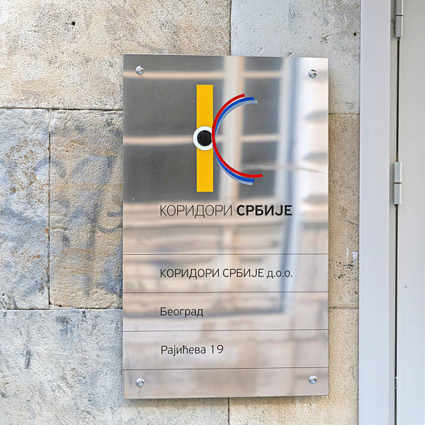 Belgrade, Serbia - March 04, 2025: Serbian Corridors Metal Sign Board at Government Office Building Wall Rajiceva Street in Capital City Centre.