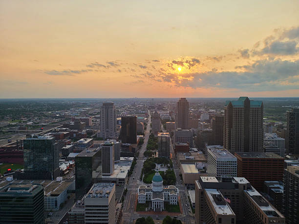 The St. Louis skyline at sunset, as seen from the top of the Gateway Arch