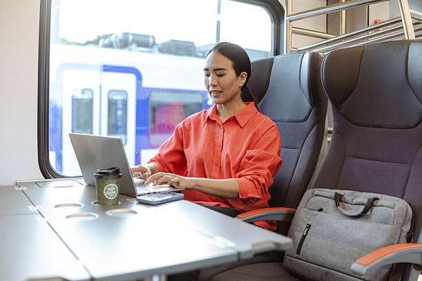 istock Woman working on a laptop while traveling on a modern train 2219387129