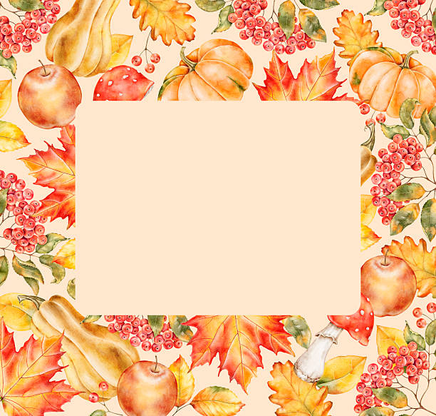 istock Square watercolor frame with pumpkins, squash, maple leaves, berries and apples. Warm autumn border ideal for packaging, cards, seasonal prints or thanksgiving projects. 2219389224
