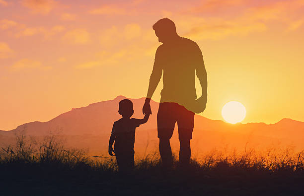 istock Father and son holding hands and walking through a meadow at sunset. 2219389523