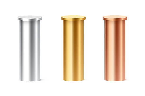 istock Metallic cylinder podium columns in silver, gold, and bronze colors. 3D cylindrical pedestal pillars for ranking, product display, award ceremony. Realistic vector illustration 2219391305