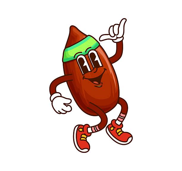 Cartoon groovy almond nut and seed character showing a shaka sign. Isolated vector joyful, healthy and funky y2k protein food personage in hipster headband spread hippie y2k energy in retro sneakers