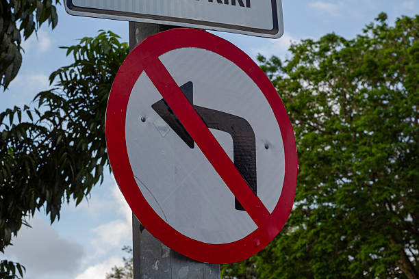 istock No Left Turn Traffic Sign Against Green Trees 2219404500