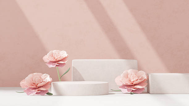 istock Background featuring an empty product display mockup with a pink backdrop and abstract geometric platforms designed for showcasing merchandise in landscape orientation. 2219407854