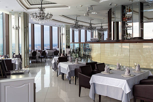 istock Interior of luxury restaurant in a classic style with panoramic windows 2219411710