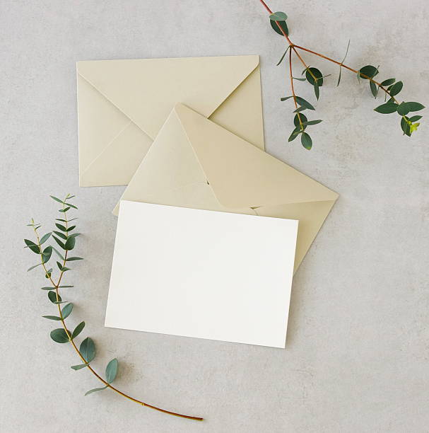 istock Card blank mockup, beige envelopes, eucalyptus leaves  top view on beige textured background 2219414966
