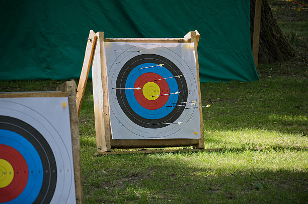 Archery practice in an outdoor setting showcasing a wooden stand target board with colored bullseye and arrows, surrounded by nature and grassy environment.